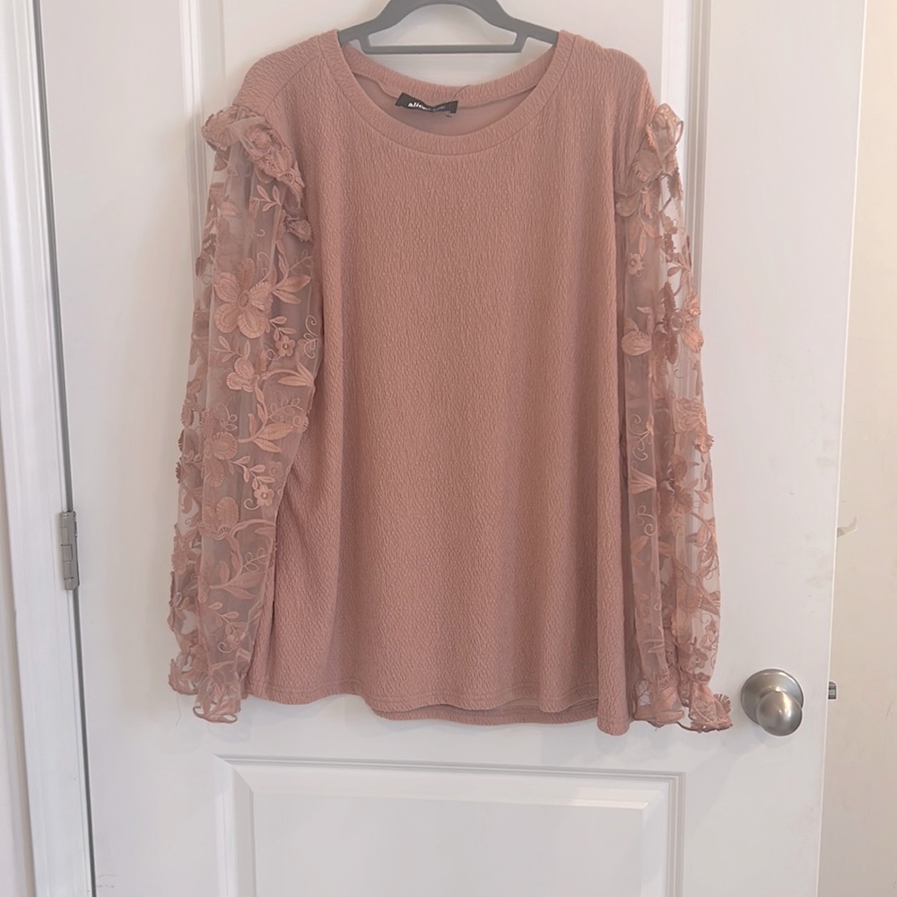 Blush pink top with mesh floral sleeves